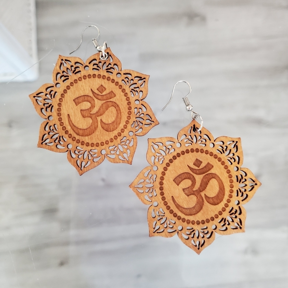 Om Lotus Namaste Mandala Chakra Medallion Wood Dangle Drop Statment Boho Ornate